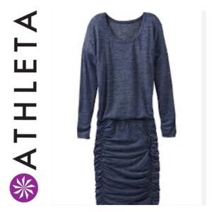 Athleta Women's Tulip Dress Blue Heathered Ruched Long Sleeve Size Medium